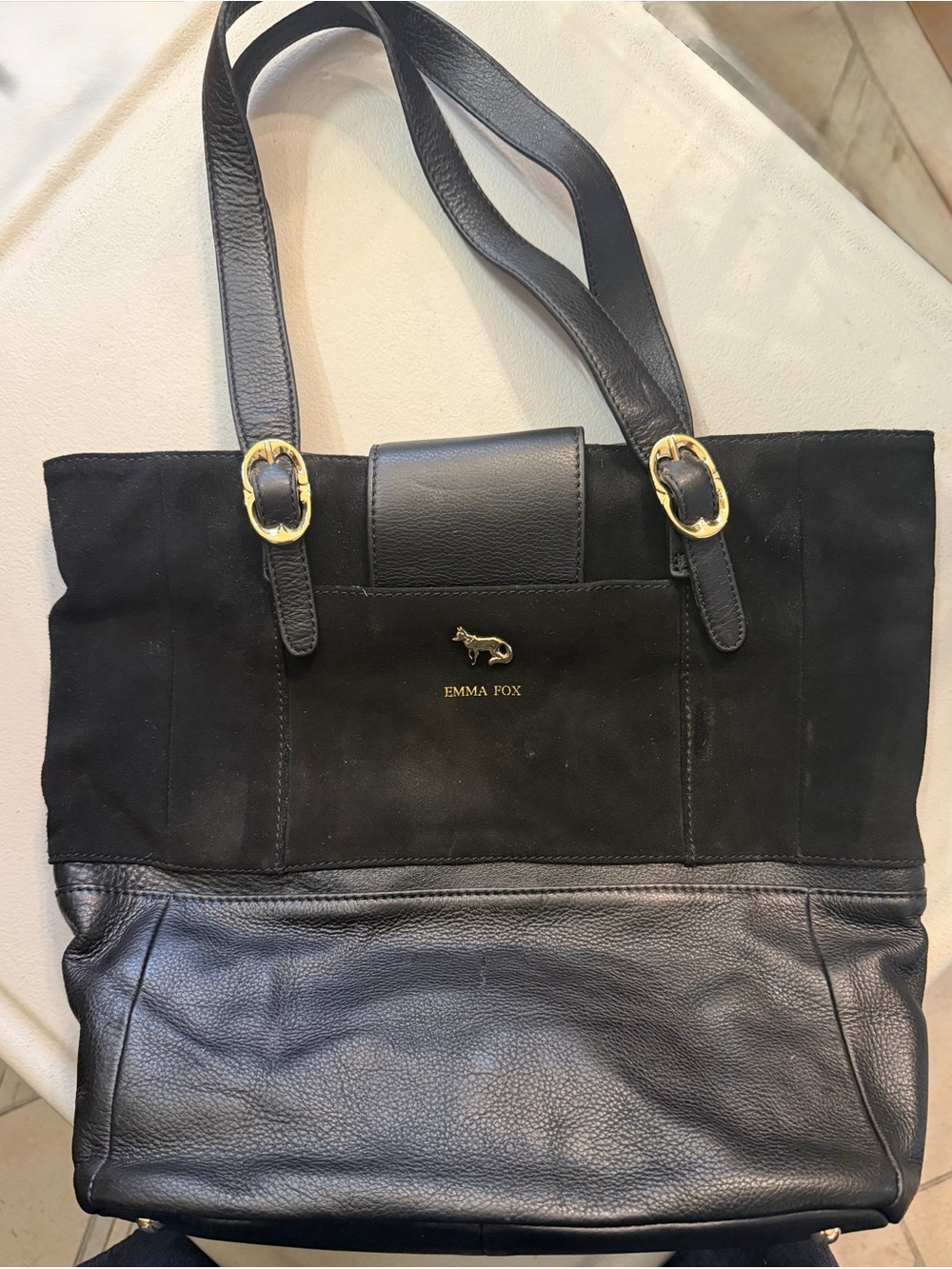 Emma Fox Black Leather and Suede Tote with Gold Accents